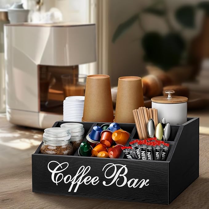 Coffee Station Organizer Pods Holder for Counter, Farmhouse Wood Coffee Bar Accessories and Tea Condiment Basket Storage Organizer Decor - Image 2