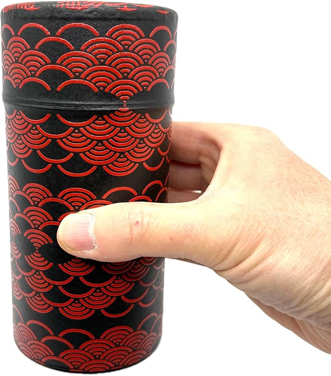 Japanese Tea Canister Tin KAMAKURABORI Nami(Wave) Pattern/Double Lid/Japanese Washi Paper Pasted /200g Tea Capacity/Loose Leaf Tea Storage/Storage Container with Lid