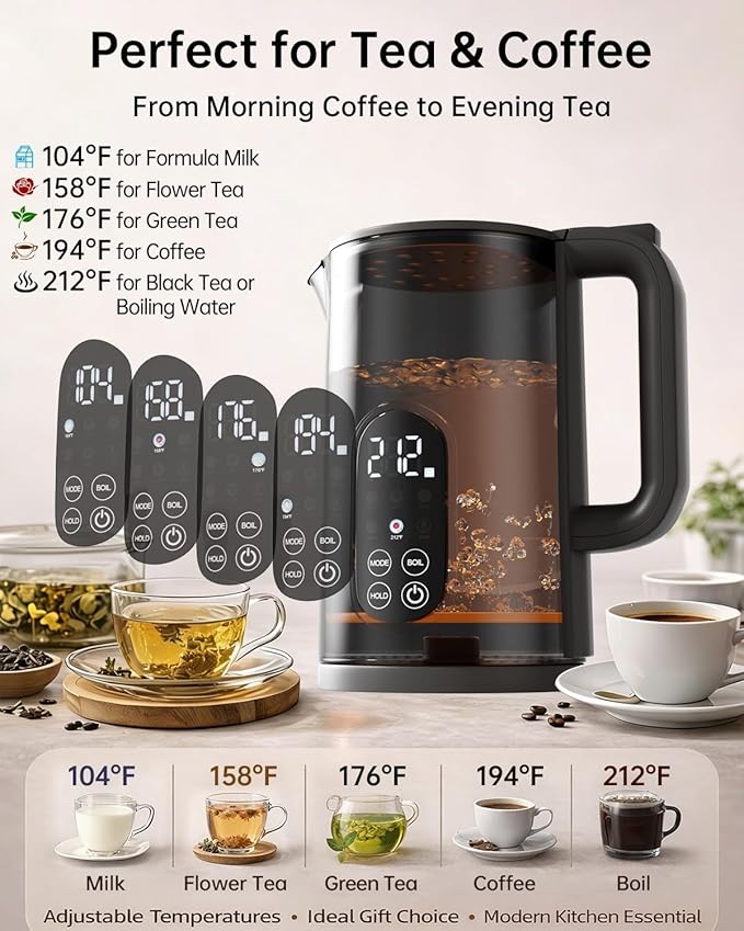 Electric Kettle with Temperature Control, 1.7L Stainless Steel Hot Water Kettle, 5 Presets, 2H Keep Warm, Fast Boil, Matte Black with Stainless Steel Coffee Filter Included