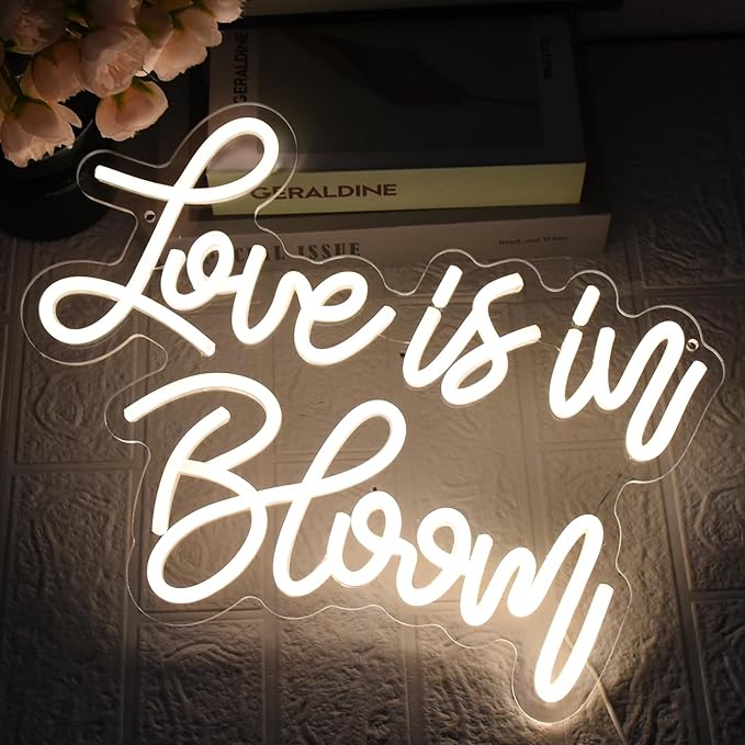 Love Is In Bloom Neon Sign Warm White Led Neon Signs for Wall Decor Dimmable Led Lights Signs Wedding Neon Light Sign for Engagement Birthday Valentines Decorations Gift