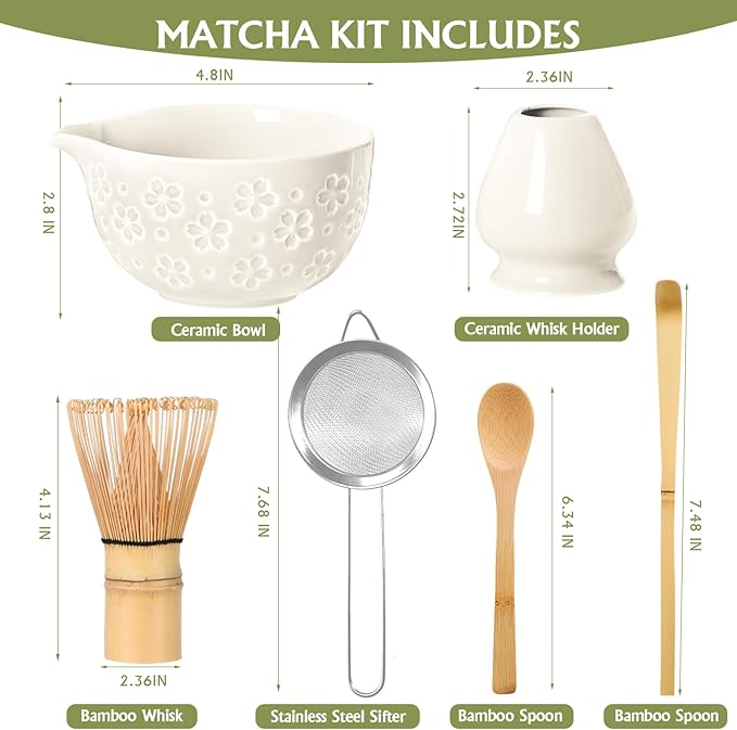 Matcha Whisk Tea Set Kit: Japanese Matcha Kit - Ceramic Bowl Bamboo Whisk Chasen Holder spoon Measuring Scoop Sifter - Traditional Practical for Tea Ceremony Breakfast Lattes - Home Kitchen Christmas