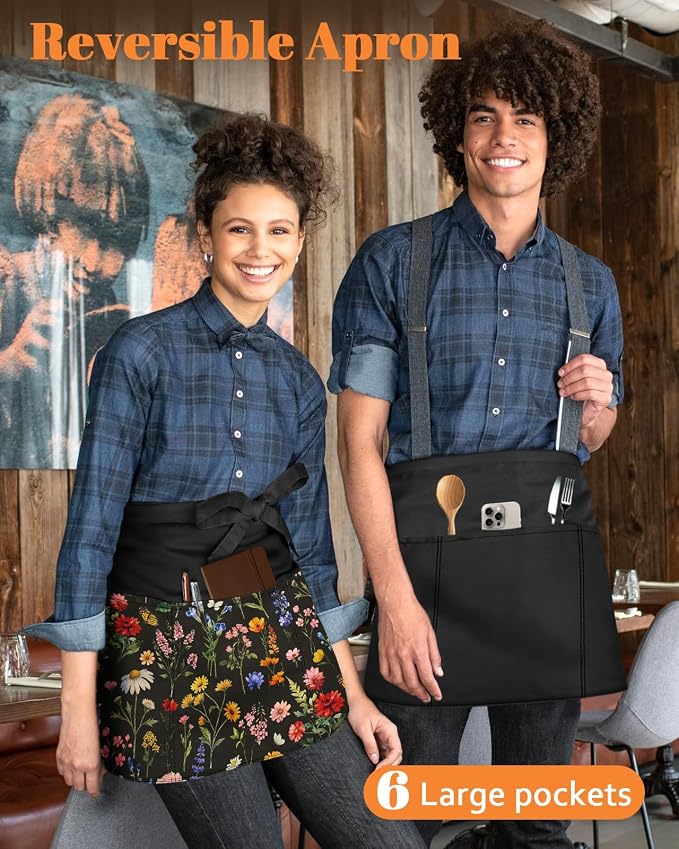 Slohif Reversible Server Apron 6 Pockets - Waist Apron for Waitress Women Half Serving Short Apron for Waiter - Image 3