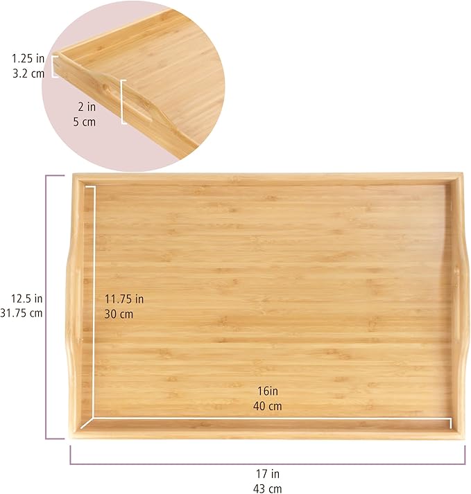 BambooMN Organic Bamboo Serving Tray with Handles, Breakfast Tray, Serving, Eating, Kitchen, Vanity, 17" x 12.5" x 2" - 1 Tray