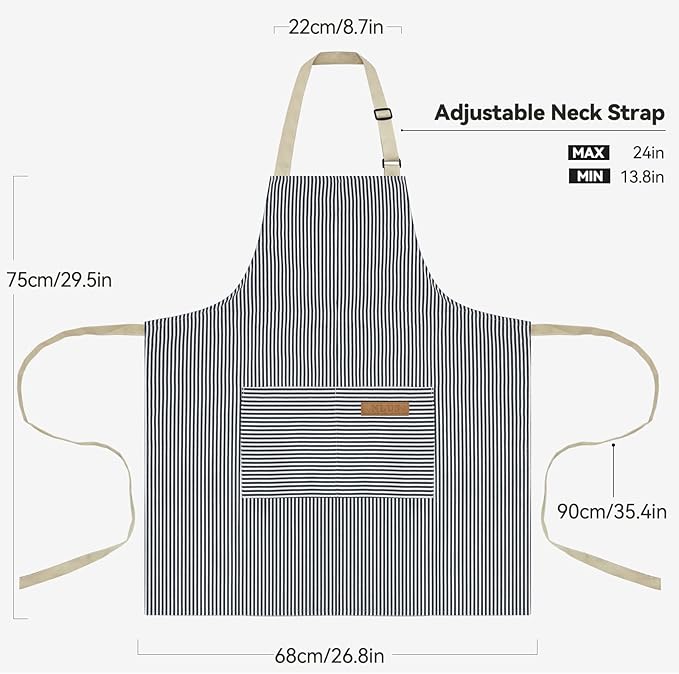 NLUS 2 Pcs Kitchen Cooking Aprons, Poly/Cotton Blend Adjustable Soft Bib Stripe Aprons with 2 Pockets for Women Men Chef (Blue Pinstripes/Black Stripes)