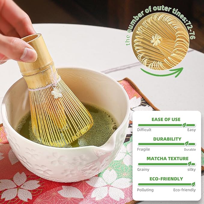 8-Piece Matcha Ceremony Set - Tea Kit with Cherry Blossom Bowl, Bamboo Whisk, Wood Scoops, Tea Cloth & Floral Display - Gift-Ready Pink Cherry color box (white)