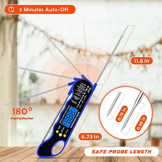 Instant Read Meat Thermometer, Fast & Accurate Digital Food Thermometer with Backlight, Waterproof & Magnet for Grilling, Cooking, BBQ, Smoker, Baking, and Candy Making Blue
