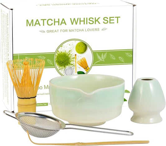 Matcha Whisk Set, Japanese Tea Set Includes Matcha Bowl with Spout, Bamboo Whisk, Ceramic Chasen Holder, Scoop, Sifter, 5 pcs Traditional Tea Making Kit for Matcha Lovers Christmas Gifts for Women Men