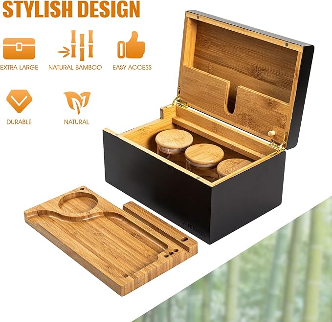 Large Bamboo Stash Box with Strong Magnetic Lid - Smell Proof Decorative Storage Box for Herbs, Spices & Keepsakes - Includes Removable Wood Tray and Glass Storage Jars - Natural & Discreet