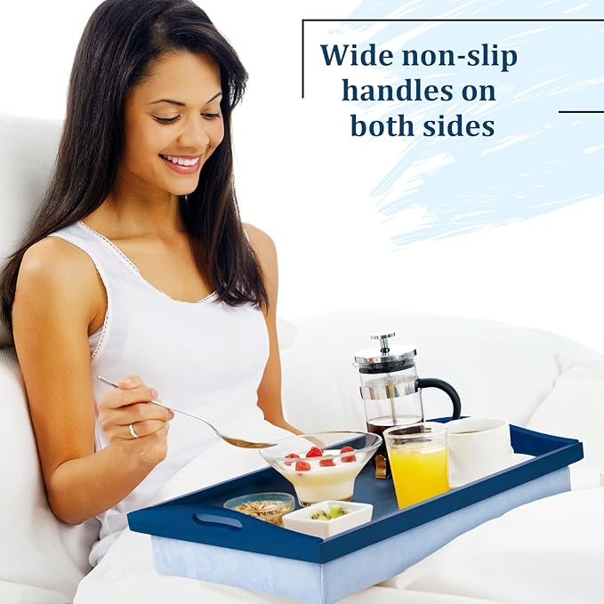 Tioncy 1 Piece Bamboo Lap Tray with Detachable Pillow 16.9'' x 13'' Lap TV Trays Desk with Handles for Adults Eating in Recliner Breakfast Housewarming Gift (Blue)