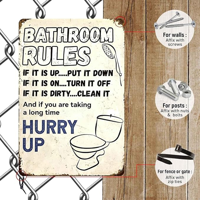 Vintage 'Bathroom Rules' Metal Tin Sign – Funny Wall Art for Bathroom Decor, 8x12 Inch