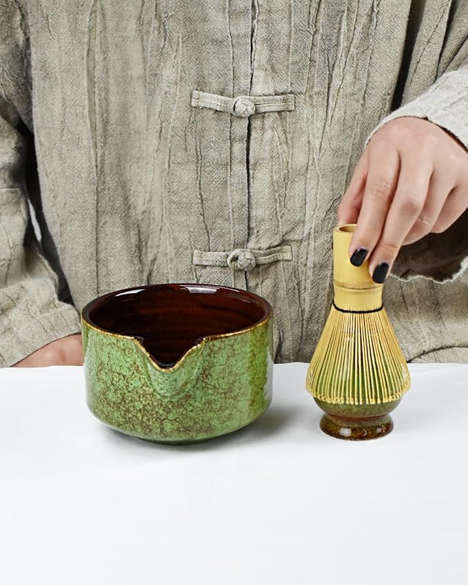 Artcome Premium Matcha Tea Set - 20.2oz Ceramic Bowl, Bamboo Whisk, Scoop, Whisk Holder & Brewing Guide - Complete Set for Authentic Japanese Matcha Ceremony