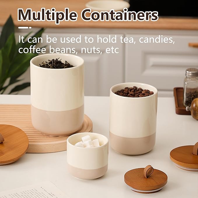 Simcat Airtight Food Storage Containers Kitchen Canisters with Wood Lids Storage Jars for Coffee, Sugar, Tea, Flour, Spice (Middle Size with Belt-27oz)