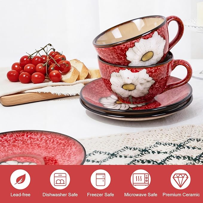 8 Oz Floral Porcelain Cappuccino Cups with Saucers Set of 4, Stoneware Tea Coffee Mugs for Home Kitchen & Office, Dishwasher Microwave Oven Safe, for Espresso, Latte, Americano, Milk & Tea, Red