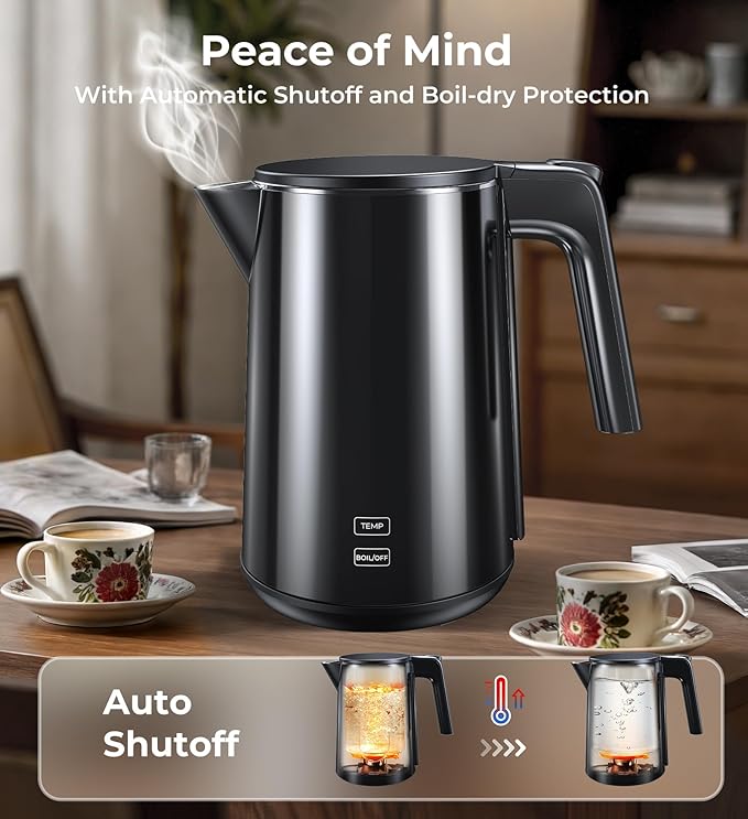 Smart Temperature Control Electric Kettle | 304 Stainless Steel Double-Wall Cool-Touch | 7 Preset Temperatures | 4-Hour Keep Warm | Auto Shut-Off & Boil-Dry Protection - Black