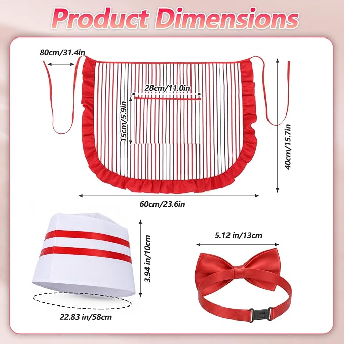 3pcs Soda Jerk Costume, 1950s Waiter Costume Kit, Red And White Striped Apron with Pocket, Adjustable Red Bow Ties, Chef Hat for Retro Party, Diner Role Play - Image 2