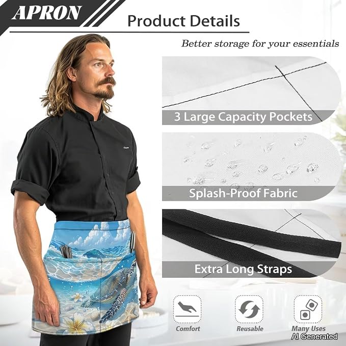 Server Apron with 3 Pockets 13 Inch Short Half Waist Aprons Waterproof Cooking Aprons for Women Men - Image 6