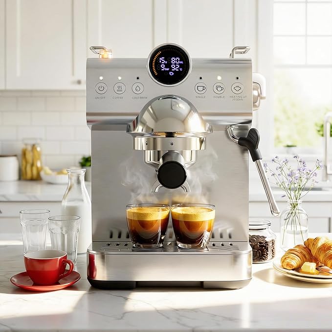 COWSAR Espresso Machine, 20 Bar Espresso Maker with Milk Frother Steam Wand, LED Display, Home Barista Machine for Latte & Cappuccino