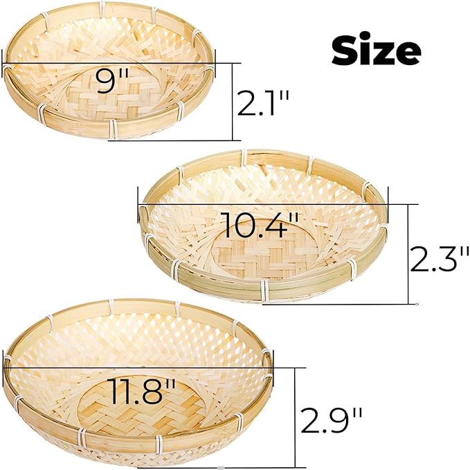 Hiceeden 3 Pack Round Bamboo Serving Trays, Decorative Wicker Basket Tray for Food, Natural Woven Shallow Tray for Fruit, Vegetables, Bread