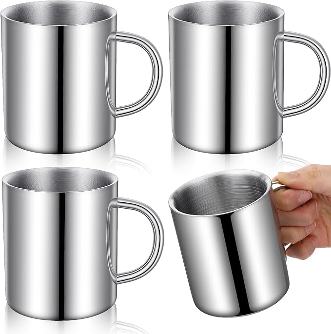 4 PCS Stainless Steel Cups Mit Handle, 10oz/300ml Metal Double Walled Cups Anti Scalding Insulated Mugs Reusable Metal Cup Tumbler for Home Camping Travel Outdoors Coffee, Milk,Tea and Cold or Hot