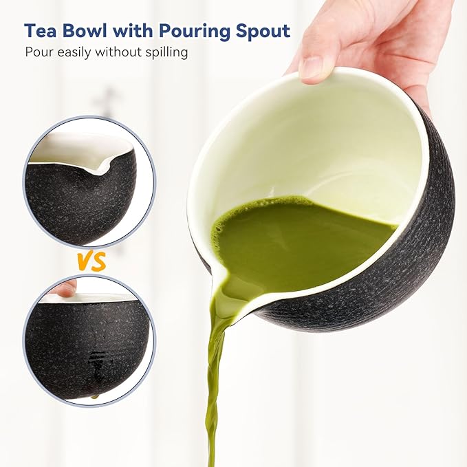 Matcha Whisk Set, 10-Pcs Matcha Kit Gift, Bamboo Whisk and Bowl with Spout & Measuring Spoon & Cup, Japanese Tea Making Tools, Charcoal Grey