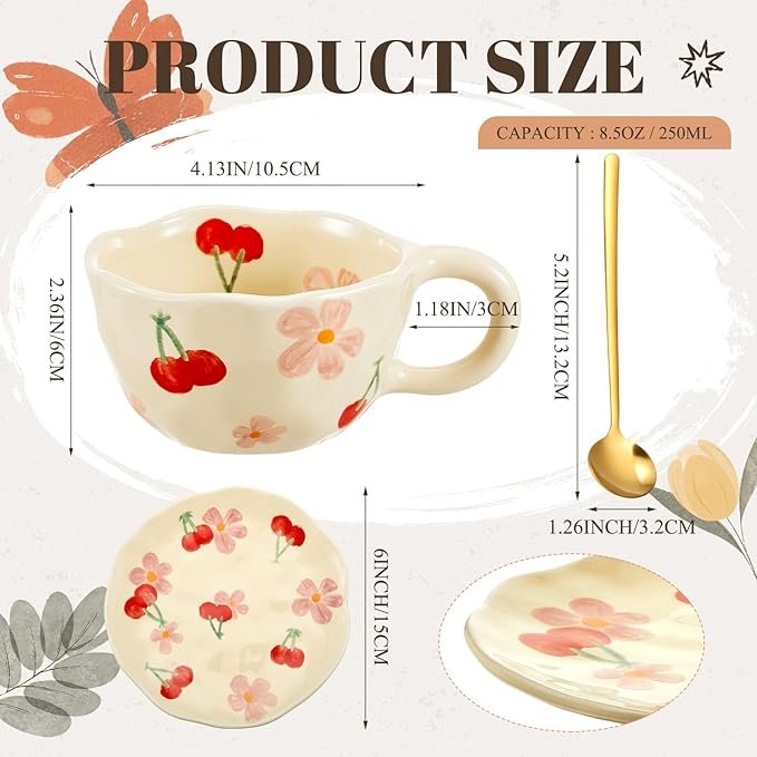 Vesici 1 Set Ceramic Flower Coffee Mug with Saucer Spoon 8.5 oz Vintage Floral Aesthetic Mugs Cute Tea Milk Cup for Women Mom Gift, Dishwasher and Microwave Safe (Classic Style)