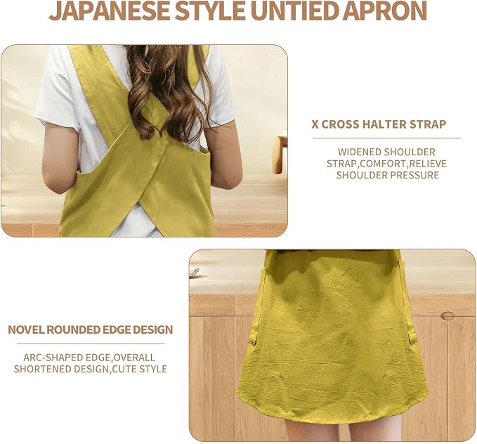 Shortened Design Apron, Japanese Style Soft Cotton Linen Apron with Two Side Pockets, X Cross Halter Aprons, Kitchen Cooking Clothes Gift for Women DIY Project, Crafting, Cooking, Baking(Yellow) - Image 5