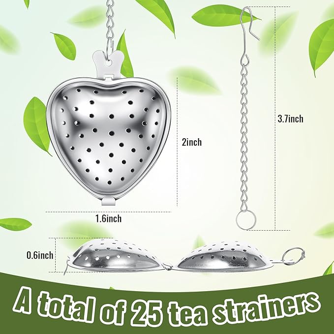 Sumind 25 Pcs Heart Tea Strainer Stainless Steel Ball Infuser Loose Leaf Steeper Interval Diffuser Mesh Filters with Extended Chain Hook for Cup Bottle Tea Party Wedding Bridal Shower(Silver)