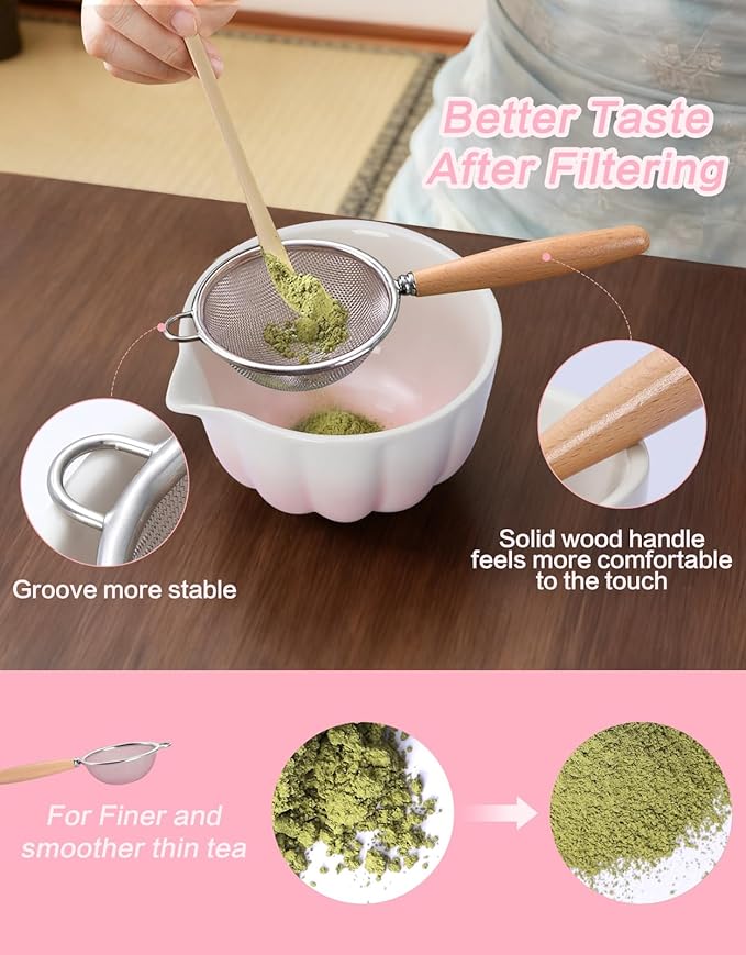 Matcha Whisk Set, 7 Pcs, Matcha Kit Includes Matcha Bowl, Matcha Whisk and Holder, Bamboo Scoop, Spoon, Sifter and Tea Towel, Matcha Set, Gift for Matcha Lovers & Beginners (Gradient Pink)