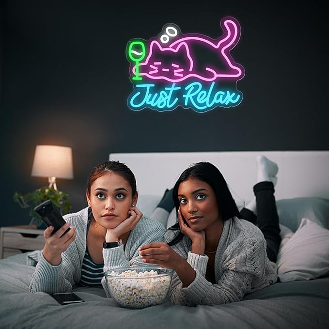 Cat Beer Neon Sign, Just Relax Neon Signs for Wall Decor, USB Dimmable Pink Cat Bar Light Up Sign for Pet Lover Bedroom Bar Birthday Party Game Room Man Cave Home Decor