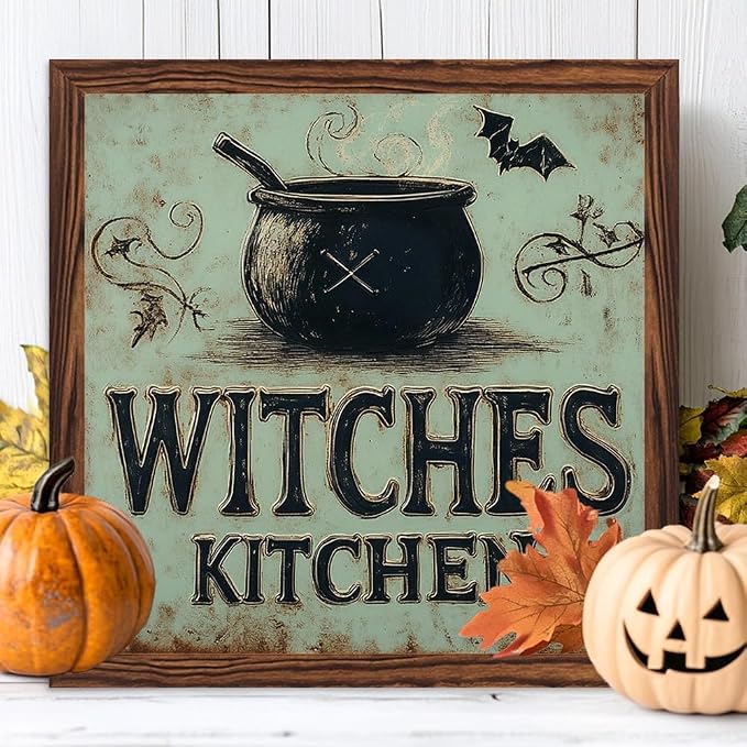 Vintage Witches Kitchen Wooden Sign, With Frame Witch Cauldron, Bats Elements Decorative Sign for Bedroom, Kitchen, Cafe, Bar Wall Decor, Halloween Decor 7.87x7.87 Inch - Image 3