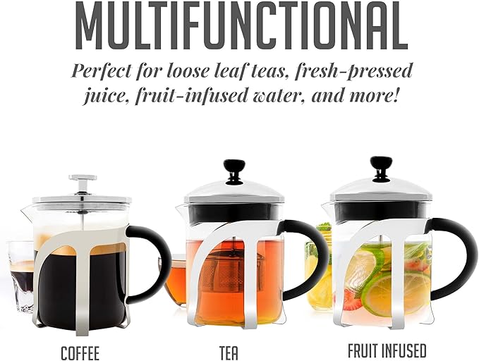 OVENTE French Press Coffee Maker, 20oz Heat Resistant Borosilicate Glass, BPA-Free Brewing Pot with 4-Level Filter System and Stainless Steel Plunger for Cold Brew Coffee, Tea and More, Clear FGC20T