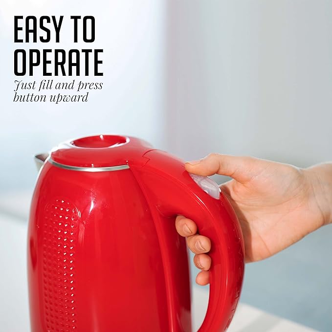 OVENTE 1.7L Double Wall Electric Tea Kettle, 1100W Water Boiler and Heater with Cool-Touch Exterior, Stainless Steel Insulated Interior, Auto Shut-Off, Boil-Dry Protection & Locking Lid, Red KD64R