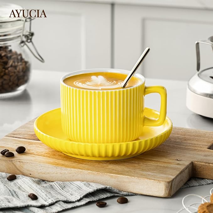 8 Ounce Cappuccino Cups Set of 4, Latte Mugs with Saucers and Spoons, Yellow Ceramic Coffee Mugs Tea Cups for Cappuccino Latte Mocha Au Lait Macchiato Cafe