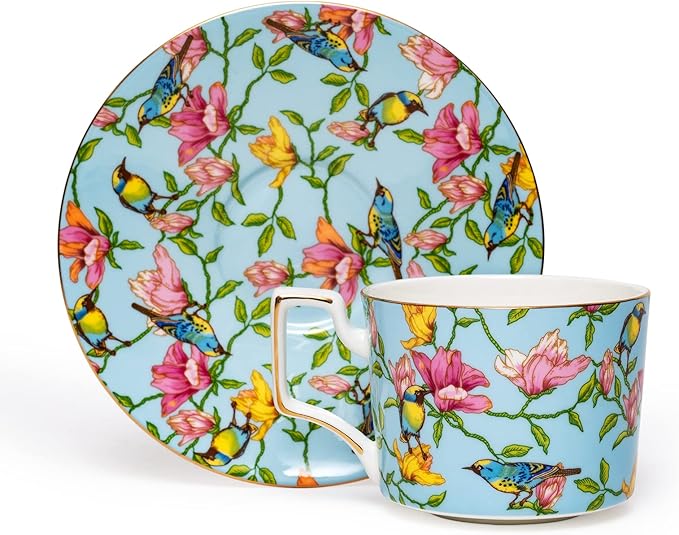 Vintage 8 Ounces Teacup and Saucers Set Floral Tea Cups Set Bone China TeaCups Coffee Tea Cup for Tea Party Women Mom (Blue)