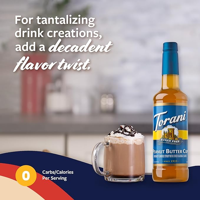 Torani Sugar Free Coffee Syrup, Peanut Butter Cup for Drinks, Zero Calorie, Pump Included, 25.4 Fl Oz