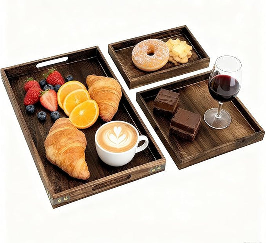 3-Piece Wooden Serving Tray Set - Nesting Platters for Entertaining & Breakfast