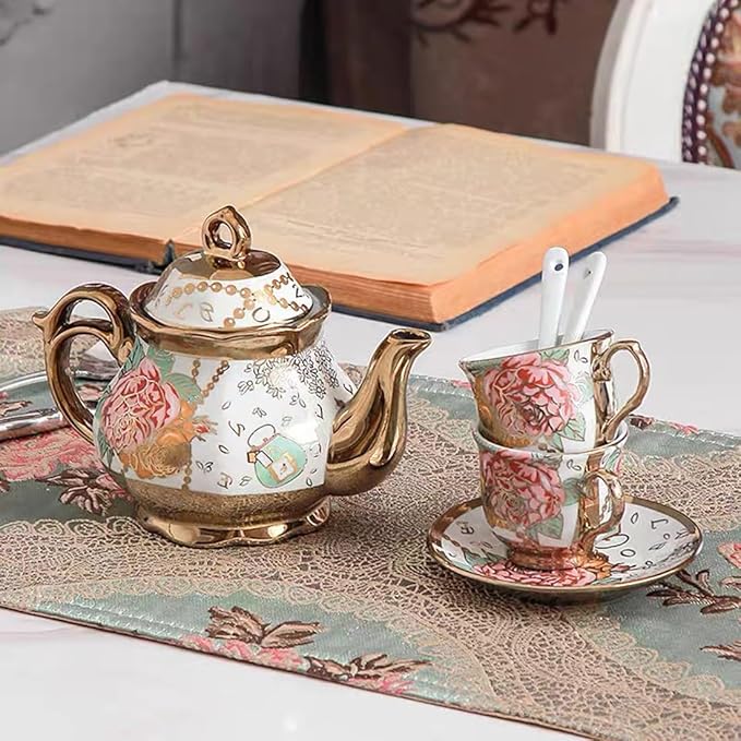 CHANJOON Gold Plated Red Rose Ceramic Tea Set, Vintage Teapot, Beautiful Tea Set Coffee Serving 6 People (Golden, large)
