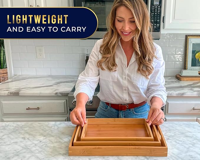 Comfify Bamboo Serving Trays – Set of 3 Ottoman Trays for Food, Entertaining, and Decor – Minimalist Design