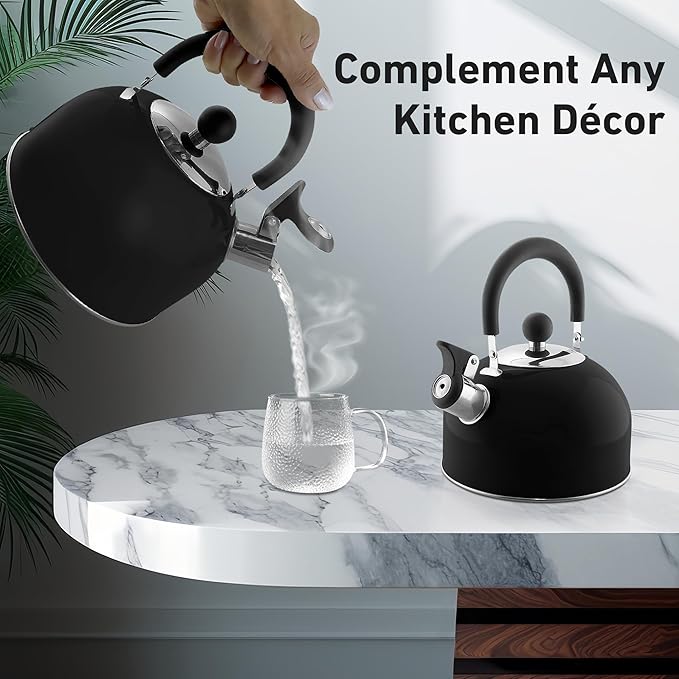 Lily's Home 2 Quart Stainless Steel Whistling Tea Kettle, the Perfect Stovetop Tea and Water Boilers for Your Home, Dorm, Condo or Apartment. (Black)