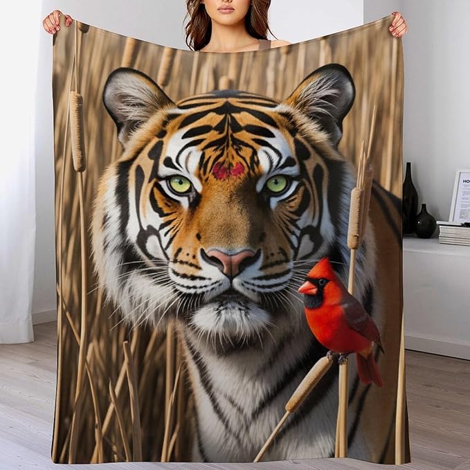 Beautiful Tiger Redbird Feather Fur Super Soft Throw Blanket, Red Cardinal Flannel Fleece Decorative Throw for Sofa Couch Bedroom Decor Outdoor Use 50"x60"