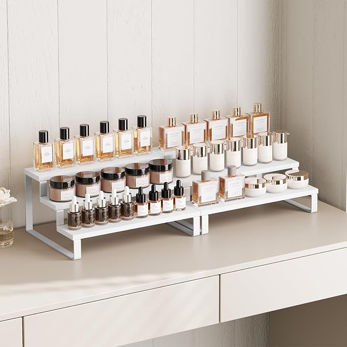 YATINEY Spice Rack, Wooden Display Riser Stand, Set of 2, Vanity Display Stand, Perfume Organizer, Tiered Countertop Organizers, Space Saving, for Kitchen Spices,Syrup, Coffee Mugs, White SR03L2WW - Image 2