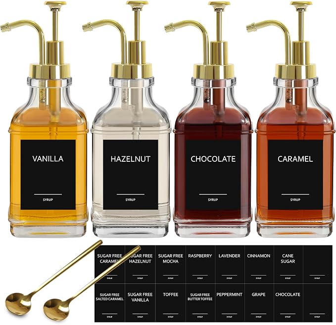 Coffee Bar Accessories, Coffee Syrup Dispenser 16.9 fl oz/500ml, Glass Syrup Dispenser with Gold Pump Dispenser, Labels, Spoons for Coffee Bar, 4 Pack by ALPIRIRAL