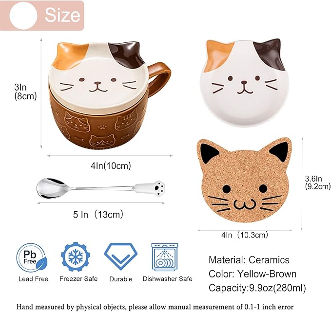 Gifts for Women Her Cute Kawaii Cat Coffee Mugs with Lids Christmas Birthday Presents for Girls Friend Kids Men Wife Mom Grandma Teacher Novelty Animal Coffee Ceramic Tea Cup Dessert Saucer Set