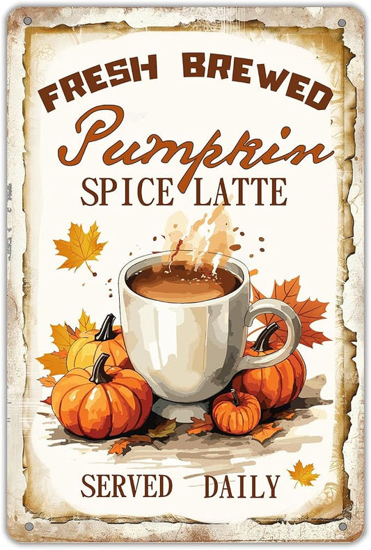 Fall Metal Sign Wall Plaque Fresh Brewed Pumpkin Spice Latte Served Daily Fall Wall Decoration for Farmhouse Home Kitchen Coffee Shop Cafe Pub Coffee Station Wall Decor 8x12 inch by Unknown