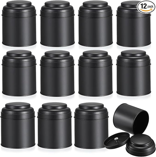 JUXYES 12 Pack Tea Tins Canister with Airtight Double Lids, 8 fl oz Loose Leaf Tea Storage Airtight Kitchen Canisters Tins Can Box for Storage Loose Tea Coffee Herbs and Spices, Black