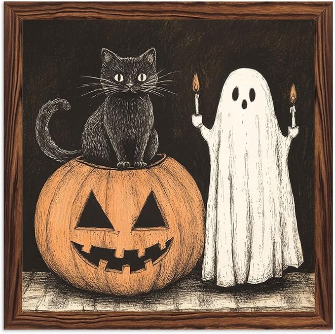 Halloween Decorative Sign Black Cat, Ghost, Pumpkin Wooden Sign, With Frame Farmhouse Festival Plaque Sign for Home Office, Cafe, Bathroom Halloween Decor 7.87x7.87 Inch by Nwijvsn
