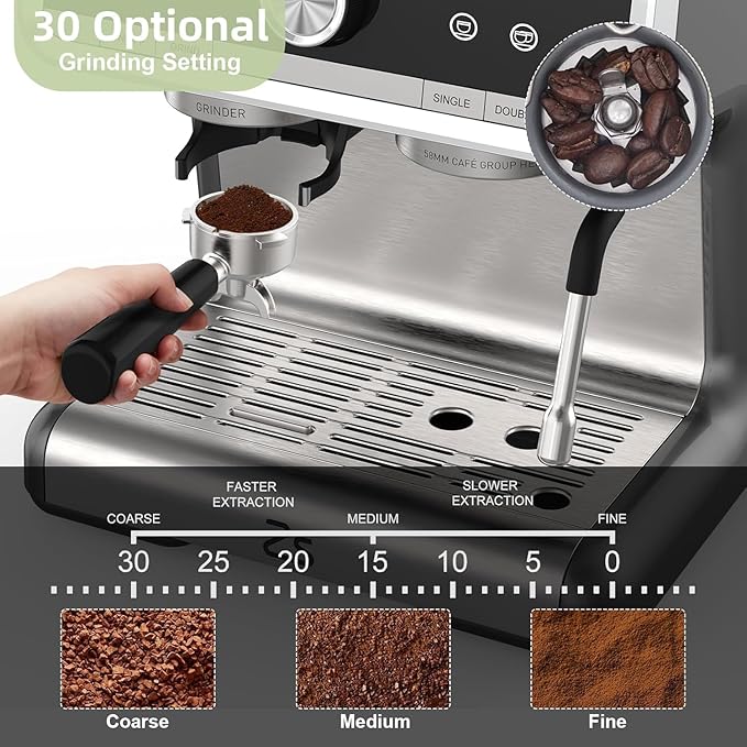 20 Bar Semi-Automatic Espresso Machine with Built-In Coffee Grinder and Milk Frother, Home Barista Coffee Maker for Cappuccino Latte Macchiato, Ideal Gift for Mom and Dad