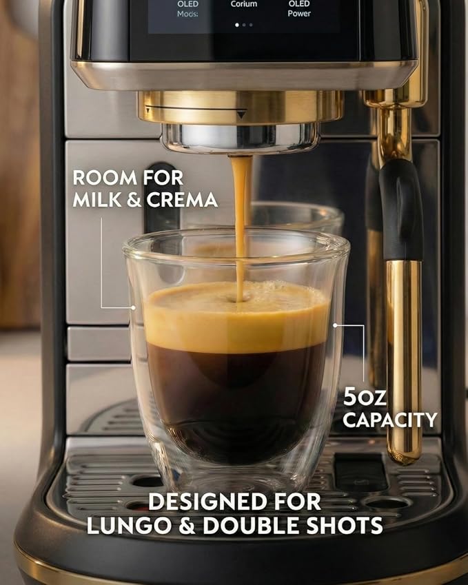 5oz Double Walled Espresso Cups, Set of 4 - Insulated Glass Coffee Mugs for Lungo, Double Espresso & Cappuccino - Clear Borosilicate Glassware Compatible with Nespresso & De'Longhi Machine