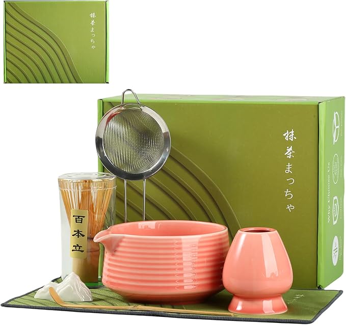 Matcha Whisk Set, Ceramic Matcha Bowl with Spout, Bamboo Whisk, Scoop, Sifter, Holder, Tea Towel, 7-Piece Matcha Kit for Making Breakfast/Latte, Square Pink, Large