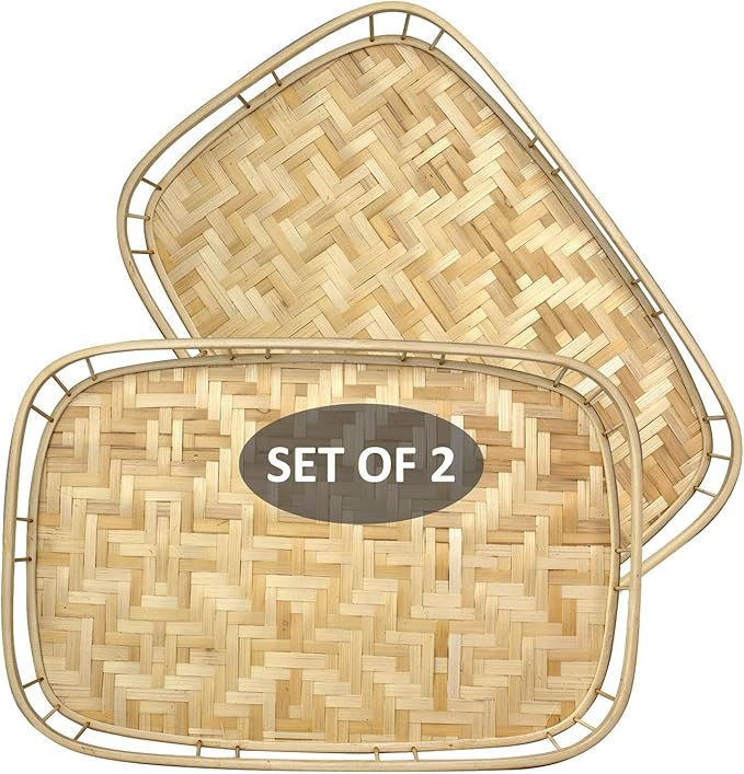 PEMAR Large Bamboo Wicker Serving Trays Set of 2 – 19.3″ x 13.8″ Rectangular Hand-Woven Lap/Breakfast Trays with Handles – Rustic & Decorative Kitchen, Coffee Table & Bed Tray